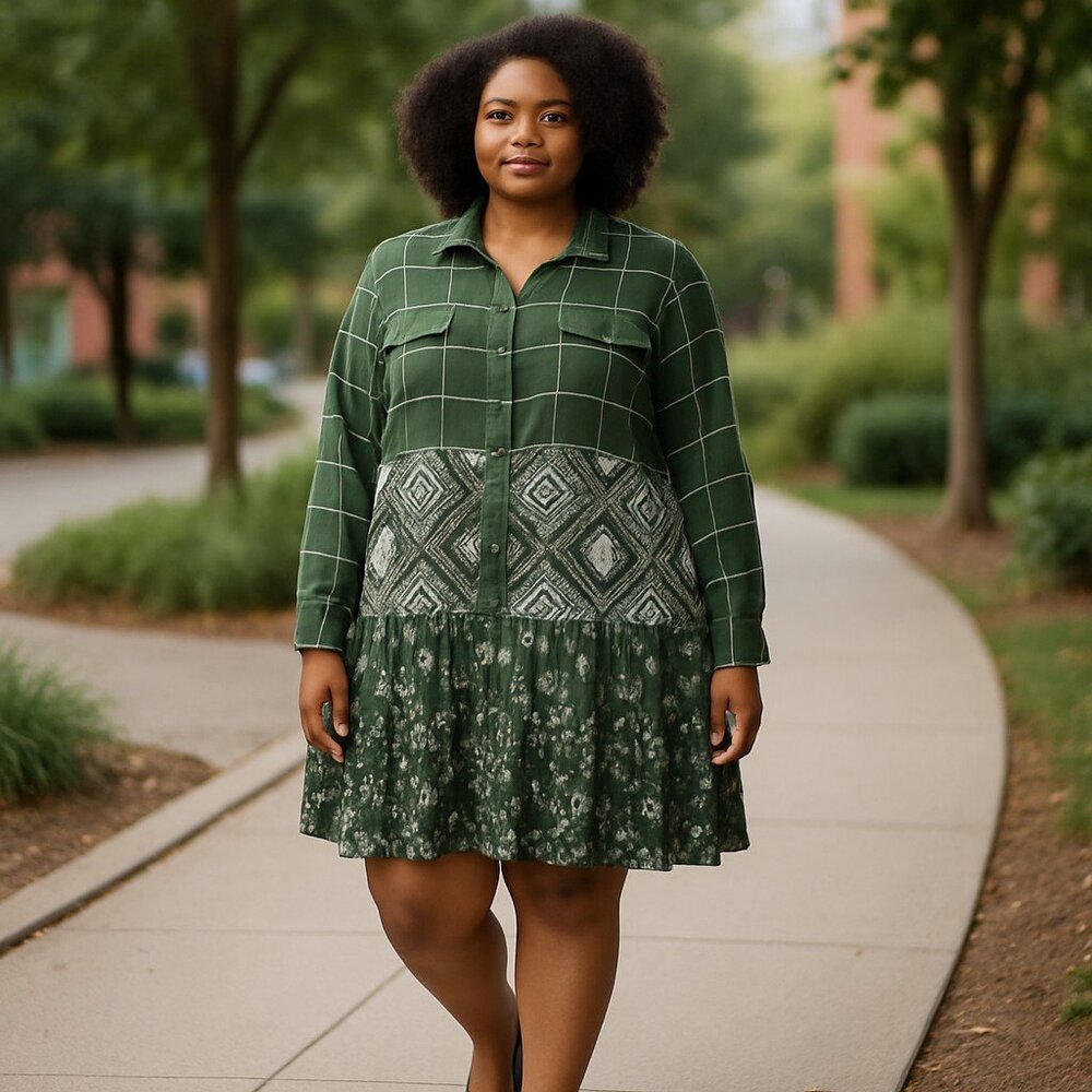 Truself Womans Dress Tunic 2X Boho Mixed Print Button-Down Green Multi-Pattern